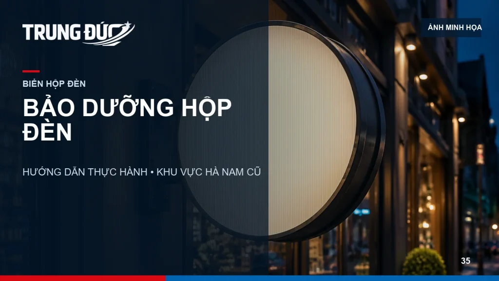 Ảnh minh họa kỹ thuật viên kiểm tra bề mặt và hệ chiếu sáng của biển hộp đèn trong điều kiện an toàn
