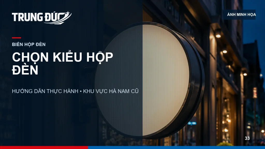 Ảnh minh họa ba kiểu biển hộp đèn một mặt, hai mặt và biển vẫy gắn vuông góc mặt tiền