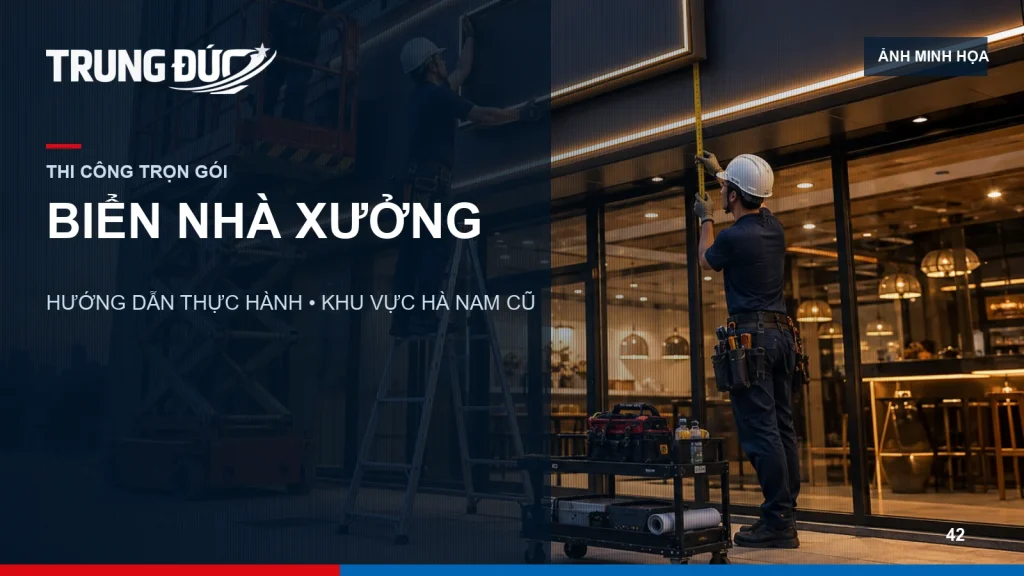 Ảnh minh họa hệ biển thương hiệu, chỉ dẫn và biển báo an toàn trong khuôn viên nhà xưởng tại Hà Nam