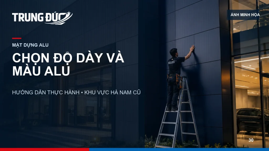 Ảnh minh họa các lớp chiều dày và bảng mẫu màu tấm Alu đặt trên phối cảnh mặt dựng