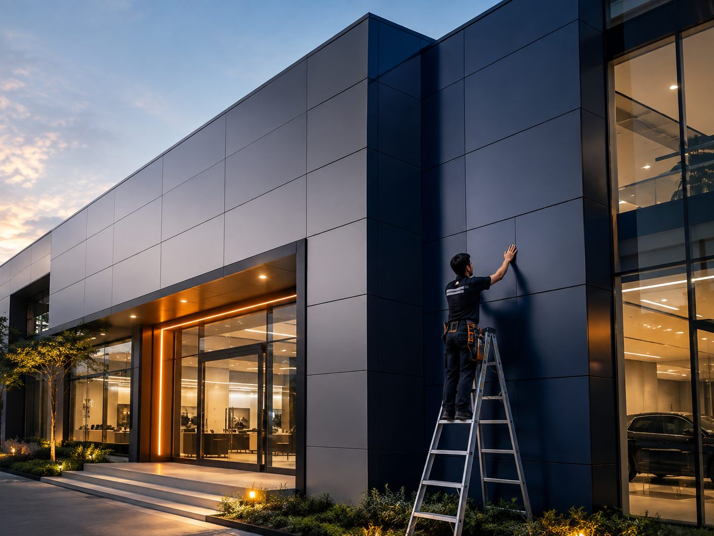 Mặt dựng Alu màu xanh đen ốp mặt tiền showroom hiện đại