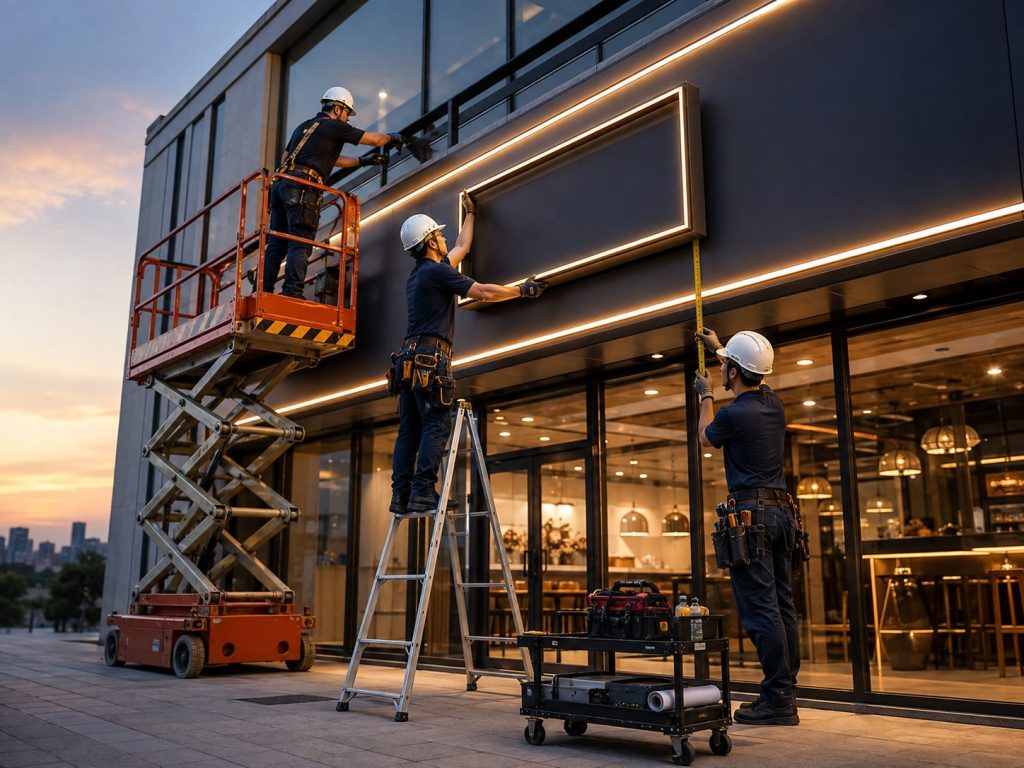 Đội kỹ thuật dùng xe nâng lắp đặt biển hiệu mặt tiền