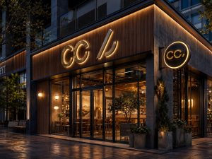 Biển chữ nổi và biển vẫy tròn của quán cà phê góc phố