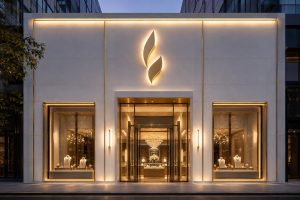 Mặt tiền showroom trang sức với logo chữ nổi hắt sáng vàng