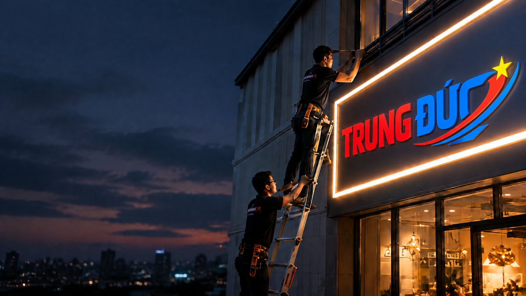 Đội kỹ thuật Quảng Cáo Trung Đức lắp đặt biển hiệu LED trên mặt tiền toà nhà lúc hoàng hôn