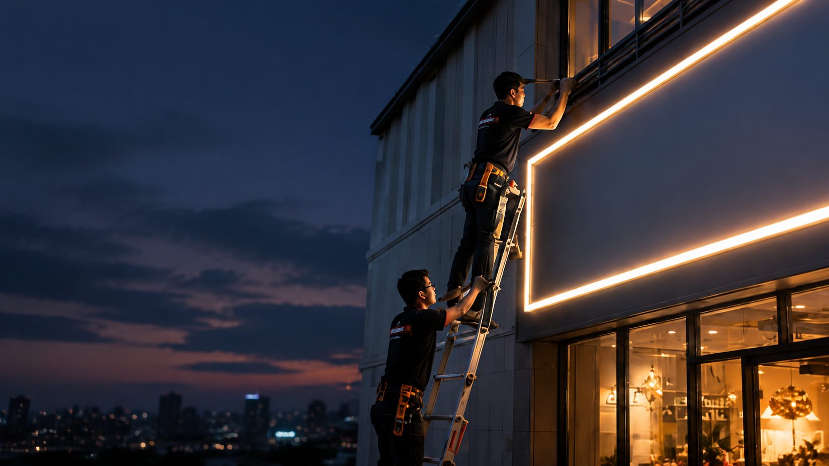 Đội thi công lắp đặt biển hiệu LED trên mặt tiền cửa hàng vào ban đêm