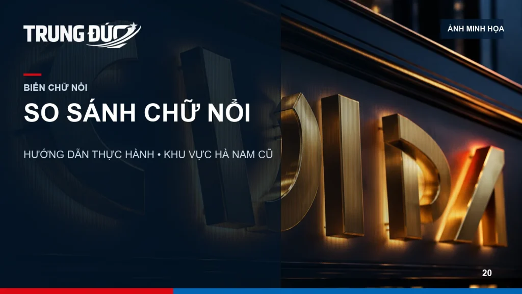Ảnh minh họa ba mẫu chữ nổi mica, inox và Alu trên cùng một bảng so sánh